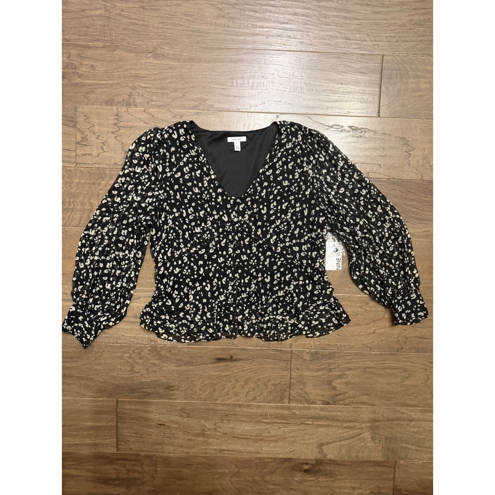 NWT Nine West Blouse Womens XL Black White Leopard Peplum V-Neck Career Top
